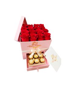 Caja Cuadrada Rosada 16 Rosas Natural + Bombones