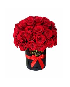 Caja Negra Redonda Bouquet 48 Rosas Natural + Bombones