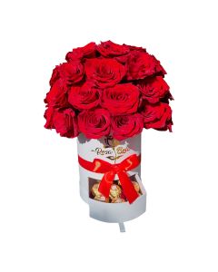 Caja Blanca Redonda Bouquet 24 Rosas Natural + Bombones