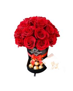 Caja Negra Redonda Bouquet 24 Rosas Natural + Bombones
