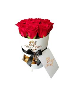 Caja Blanca Redonda Bouquet 12 Rosas Natural + Bombones