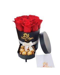 Caja Negra Redonda Bouquet 12 Rosas Natural + Bombones