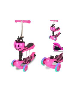 Monopatín Scooter Mariquita Con Asiento Luces Niños 3 En 1 Rosa