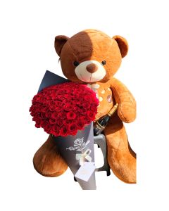 Set Regalo Cono Ramo 100 Rosas Naturales + Peluche Grande + Botella Espumante