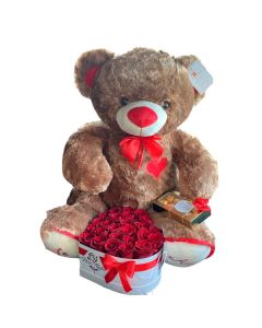 Set Regalo Corazon 24 Rosas Naturales + Peluche Mediano + Bombones